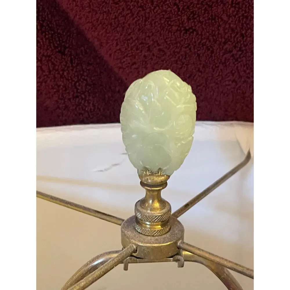 Vintage Celadon Style Ceramic Dragon Handle Table Lamp Carved Green Stone Finial